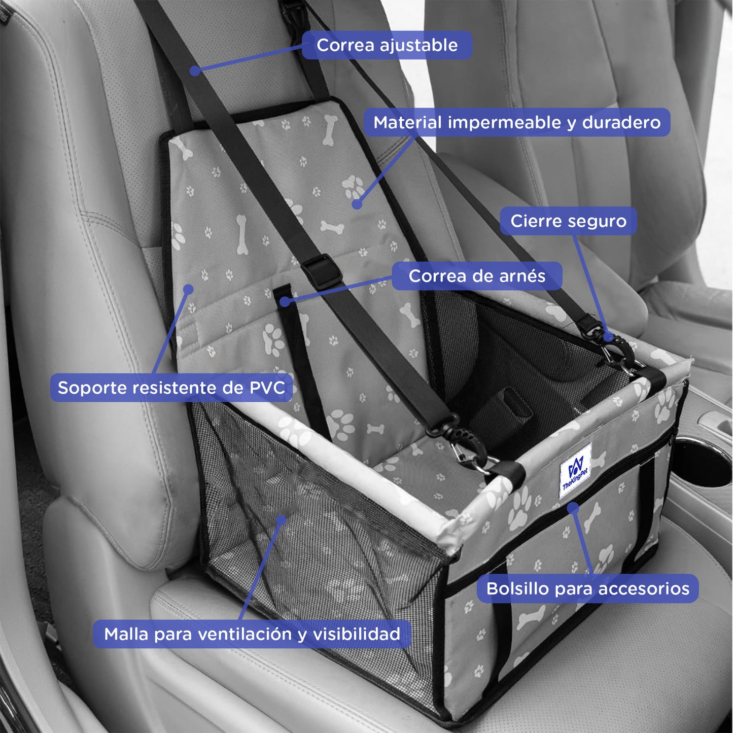 Asiento de Coche (Gris) para perros con cinturón de seguridad